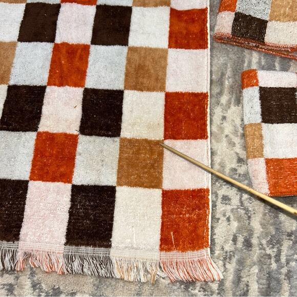 70s Vintage Cannon Checkered Brown Orange White 1 Hand Towel 4 Washcloths Set - Picture 3 of 6
